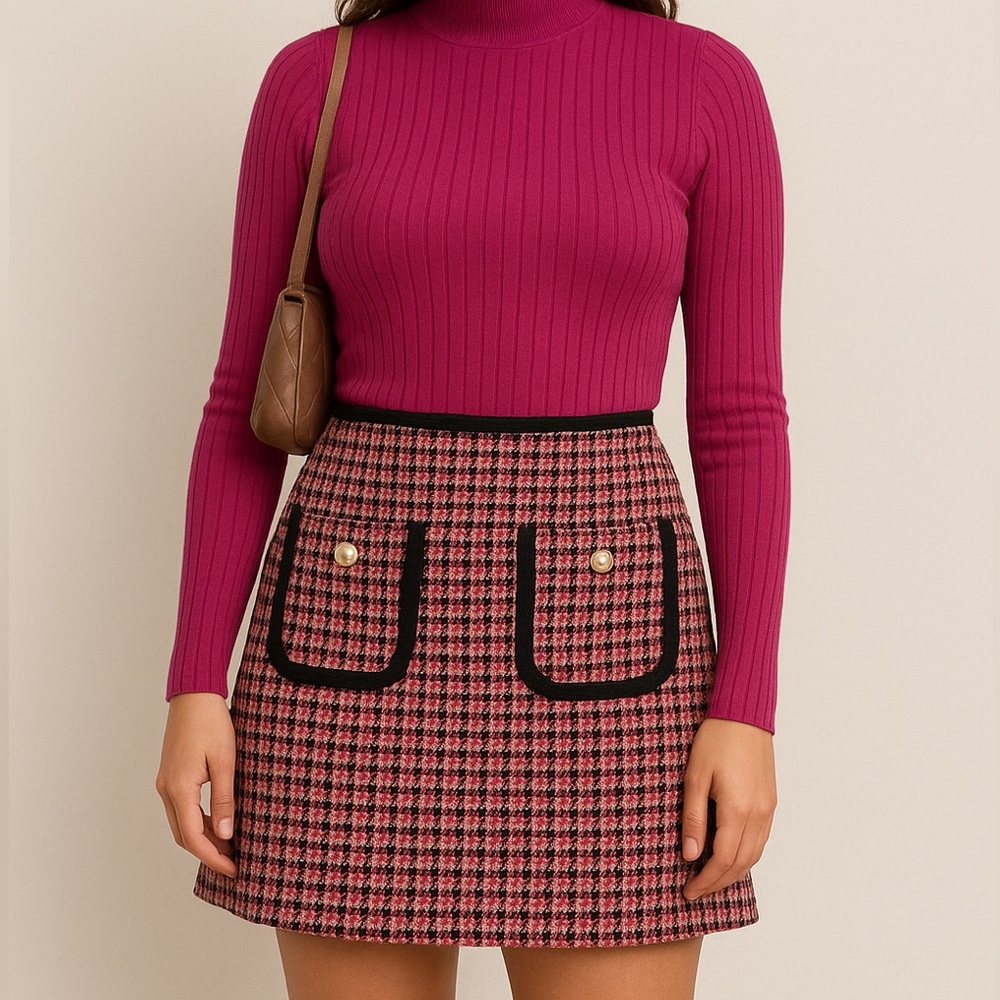 Maje Red and Black Mini Pencil Skirt tweed
